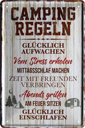 4252024216172 Schilderstore24 Schilderstore24 Blechschilder sind perfekt als Geschenk zu Weihnachten, Geburtstage, Feiern, Partys, Grillabende, Namenstag, Feiertag, Mädelsabend, Hochzeit. Jederzeit stilvoll im Wohnzimmer, Partykeller, Garage, Praxis, Büro, Café, Hauseingang Camping Natur Wald Freiheit wandern campen outdoor natur roadtripp	 ''Camping Regeln. Glücklich aufwachen. Stress erholen''		20x30cm