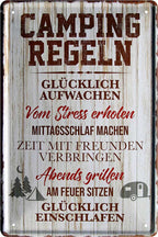 4252024216172 Schilderstore24 Schilderstore24 Blechschilder sind perfekt als Geschenk zu Weihnachten, Geburtstage, Feiern, Partys, Grillabende, Namenstag, Feiertag, Mädelsabend, Hochzeit. Jederzeit stilvoll im Wohnzimmer, Partykeller, Garage, Praxis, Büro, Café, Hauseingang Camping Natur Wald Freiheit wandern campen outdoor natur roadtripp	 ''Camping Regeln. Glücklich aufwachen. Stress erholen''		20x30cm
