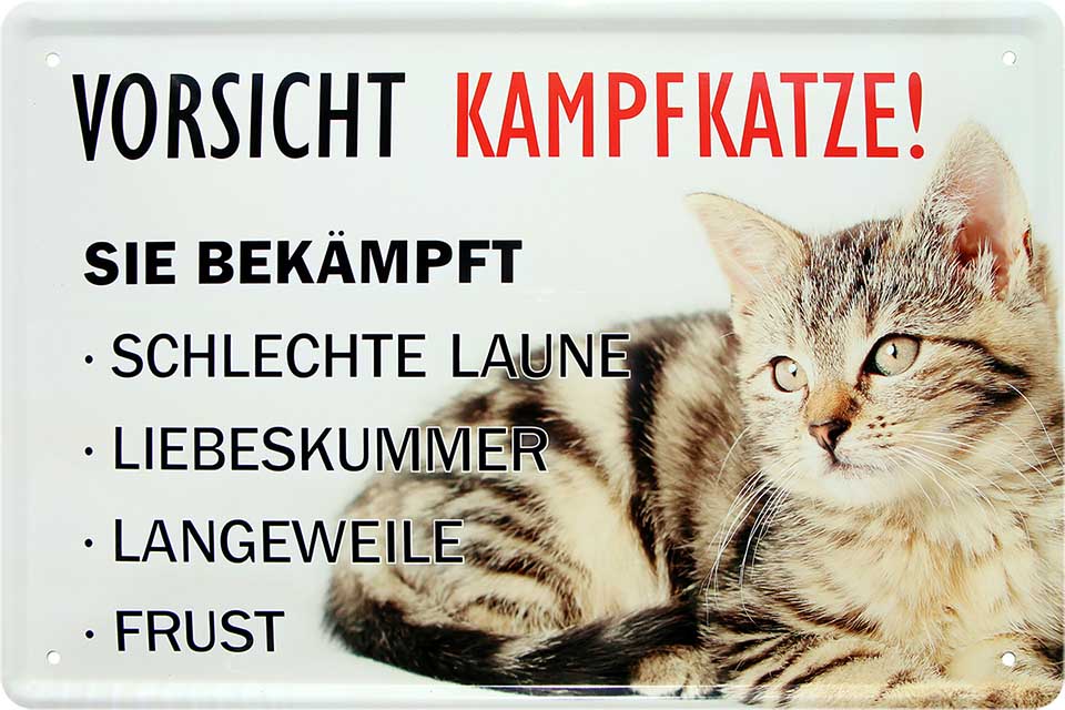 4252024218312 Schilderstore24 	Schilderstore24 Blechschilder sind perfekt als Geschenk zu Weihnachten, Geburtstage, Feiern, Partys, Grillabende, Namenstag, Feiertag, Mädelsabend, Hochzeit. Jederzeit stilvoll im Wohnzimmer, Partykeller, Garage, Praxis, Büro, Café, Hauseingang Haustier Tier Freund knuddelig Zuhause Katze Hund Hamster Meerschwein haustier ''Vorsicht Kampfkatze. sie bekämpft''		20x30cm