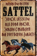 4252024218985 Schilderstore24 	Schilderstore24 Blechschilder sind perfekt als Geschenk zu Weihnachten, Geburtstage, Feiern, Partys, Grillabende, Namenstag, Feiertag, Mädelsabend, Hochzeit. Jederzeit stilvoll im Wohnzimmer, Partykeller, Garage, Praxis, Büro, Café, Hauseingang Nutztier Pferd Reiten Pony Stall sattel ausreiten pferd tier landwirtschaft ''Wenn du in den Sattel steigst, lässt du Ängste zurück''		20x30cm