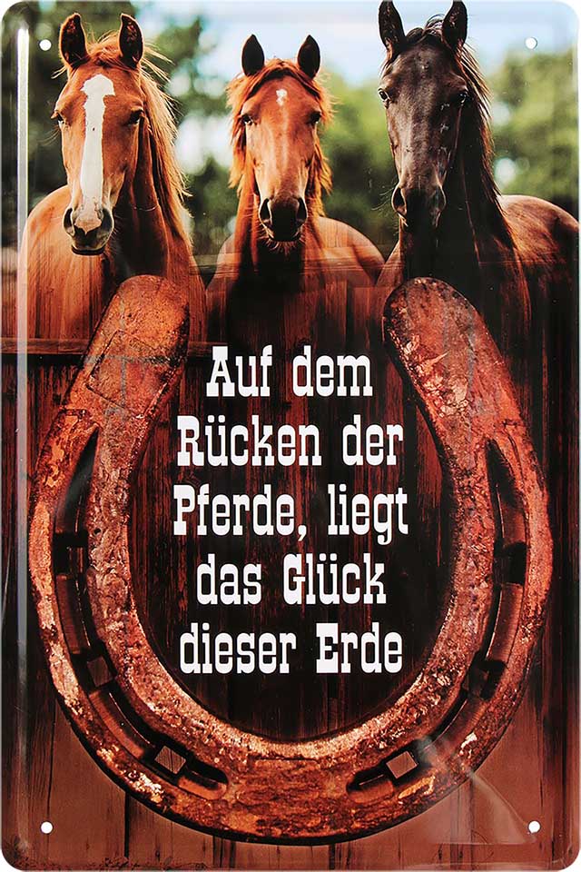 4252024218701 Schilderstore24 Schilderstore24 Blechschilder sind perfekt als Geschenk zu Weihnachten, Geburtstage, Feiern, Partys, Grillabende, Namenstag, Feiertag, Mädelsabend, Hochzeit. Jederzeit stilvoll im Wohnzimmer, Partykeller, Garage, Praxis, Büro, Café, Hauseingang Nutztier Pferd Reiten Pony Stall sattel ausreiten pferd tier landwirtschaft	 ''Auf dem Rücken der Pferde, liegt Glück der Erde''		20x30cm