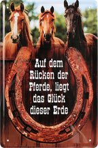 4252024218701 Schilderstore24 Schilderstore24 Blechschilder sind perfekt als Geschenk zu Weihnachten, Geburtstage, Feiern, Partys, Grillabende, Namenstag, Feiertag, Mädelsabend, Hochzeit. Jederzeit stilvoll im Wohnzimmer, Partykeller, Garage, Praxis, Büro, Café, Hauseingang Nutztier Pferd Reiten Pony Stall sattel ausreiten pferd tier landwirtschaft	 ''Auf dem Rücken der Pferde, liegt Glück der Erde''		20x30cm