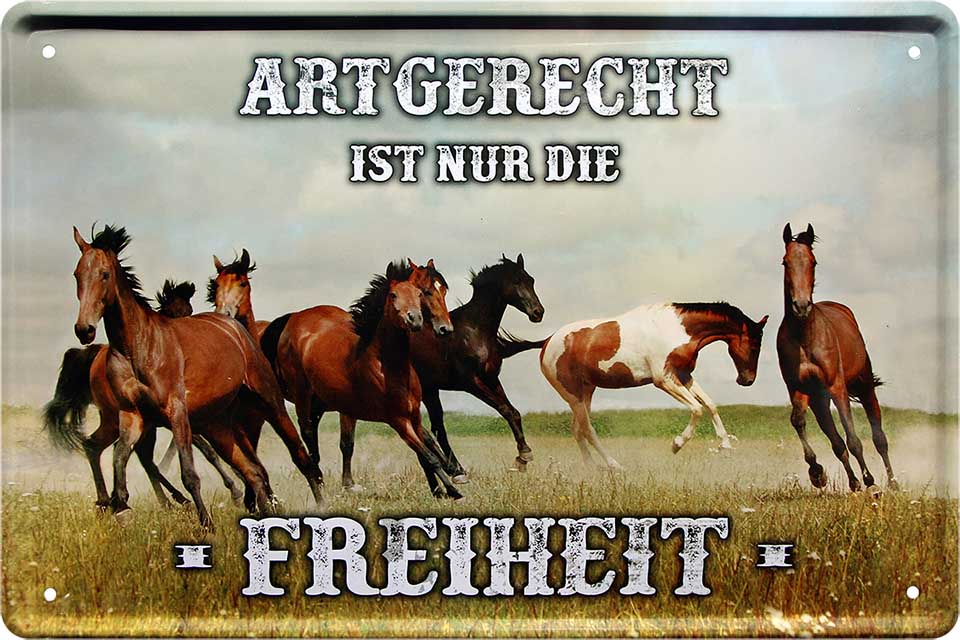 4252024218695 Schilderstore24 Schilderstore24 Blechschilder sind perfekt als Geschenk zu Weihnachten, Geburtstage, Feiern, Partys, Grillabende, Namenstag, Feiertag, Mädelsabend, Hochzeit. Jederzeit stilvoll im Wohnzimmer, Partykeller, Garage, Praxis, Büro, Café, Hauseingang Nutztier Pferd Reiten Pony Stall sattel ausreiten pferd tier landwirtschaft	 ''Artgerecht ist nur die Freiheit (Pferde)''		20x30cm