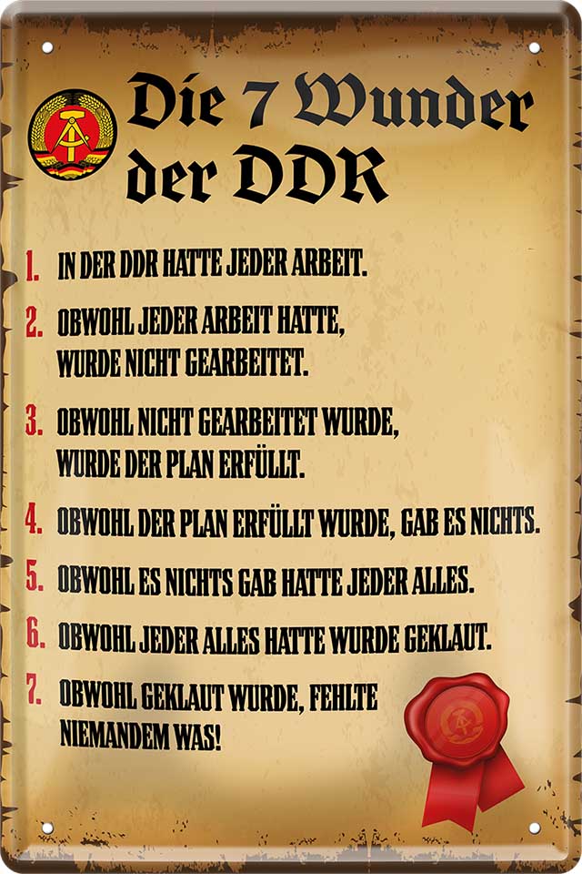 4252024216080 Schilderstore24 	Schilderstore24 Blechschilder sind perfekt als Geschenk zu Weihnachten, Geburtstage, Feiern, Partys, Grillabende, Namenstag, Feiertag, Mädelsabend, Hochzeit. Jederzeit stilvoll im Wohnzimmer, Partykeller, Garage, Praxis, Büro, Café, Hauseingang Gesetze Gewohnheiten Regeln Lebensstil verordnung statut grundsatz altbekannt kultur ''Die 7 Wunder der DDR''		20x30cm