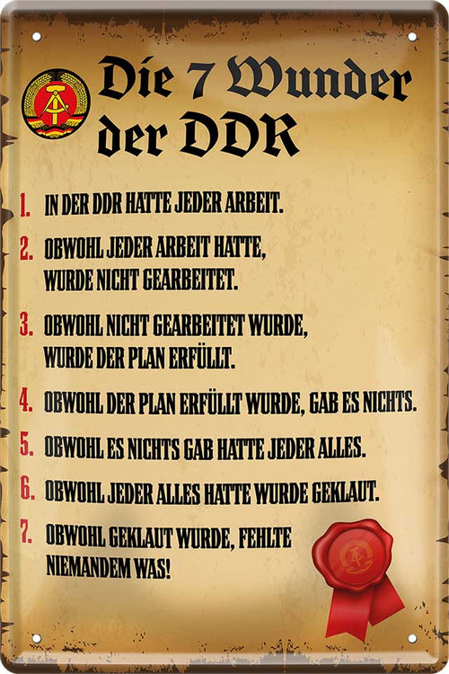4252024216080 Schilderstore24 	Schilderstore24 Blechschilder sind perfekt als Geschenk zu Weihnachten, Geburtstage, Feiern, Partys, Grillabende, Namenstag, Feiertag, Mädelsabend, Hochzeit. Jederzeit stilvoll im Wohnzimmer, Partykeller, Garage, Praxis, Büro, Café, Hauseingang Gesetze Gewohnheiten Regeln Lebensstil verordnung statut grundsatz altbekannt kultur ''Die 7 Wunder der DDR''		20x30cm