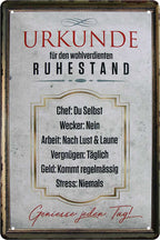 4252024219883 Schilderstore24 Schilderstore24 Blechschilder sind perfekt als Geschenk zu Weihnachten, Geburtstage, Feiern, Partys, Grillabende, Namenstag, Feiertag, Mädelsabend, Hochzeit. Jederzeit stilvoll im Wohnzimmer, Partykeller, Garage, Praxis, Büro, Café, Hauseingang Sarkasmus Ironie Funny Schwarzer Humor faul dumm fun rente lästern teufel	 ''Urkunde für den wohlverdienten Ruhestand''		20x30cm
