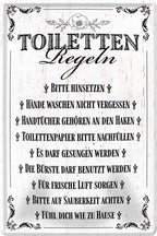 4252024218374 Schilderstore24 	Schilderstore24 Blechschilder sind perfekt als Geschenk zu Weihnachten, Geburtstage, Feiern, Partys, Grillabende, Namenstag, Feiertag, Mädelsabend, Hochzeit. Jederzeit stilvoll im Wohnzimmer, Partykeller, Garage, Praxis, Büro, Café, Hauseingang Zuhause WC Open Closed Badezimmer toilette scheißhaus putzen haushalt heim ''Toiletten Regeln. Bitte hinsetzen. Hände waschen''		20x30cm