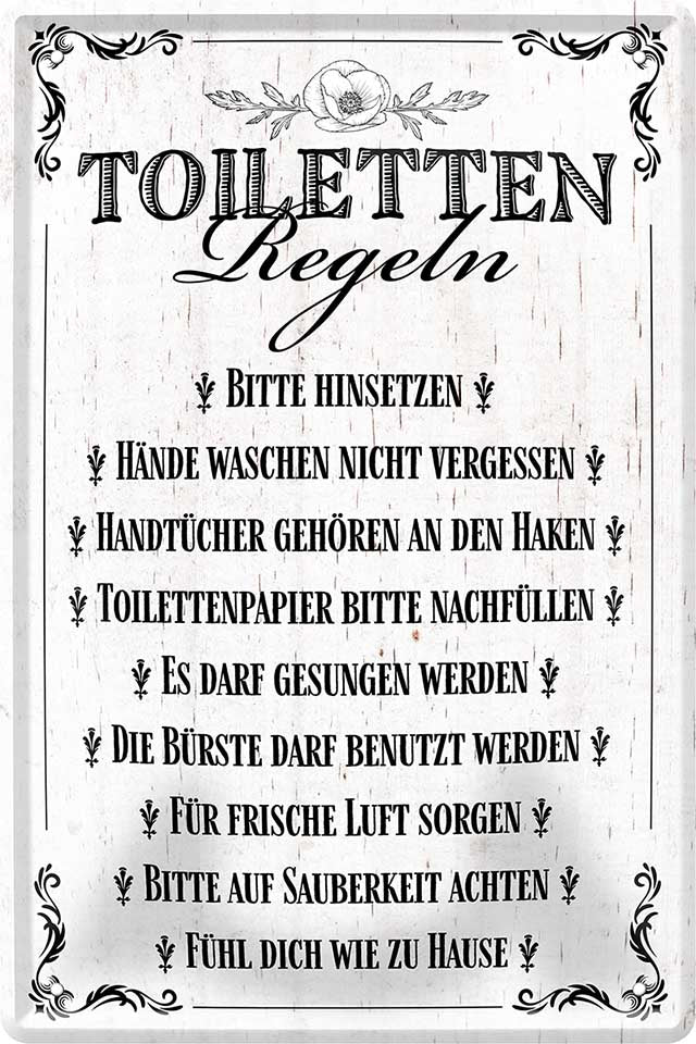 4252024218374 Schilderstore24 	Schilderstore24 Blechschilder sind perfekt als Geschenk zu Weihnachten, Geburtstage, Feiern, Partys, Grillabende, Namenstag, Feiertag, Mädelsabend, Hochzeit. Jederzeit stilvoll im Wohnzimmer, Partykeller, Garage, Praxis, Büro, Café, Hauseingang Zuhause WC Open Closed Badezimmer toilette scheißhaus putzen haushalt heim ''Toiletten Regeln. Bitte hinsetzen. Hände waschen''		20x30cm