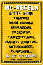4252024218404 Schilderstore24 Schilderstore24 Blechschilder sind perfekt als Geschenk zu Weihnachten, Geburtstage, Feiern, Partys, Grillabende, Namenstag, Feiertag, Mädelsabend, Hochzeit. Jederzeit stilvoll im Wohnzimmer, Partykeller, Garage, Praxis, Büro, Café, Hauseingang Zuhause WC Open Closed Badezimmer toilette scheißhaus putzen haushalt heim	 ''WC-Regeln. Bitte keine Tampons, Binden''		20x30cm