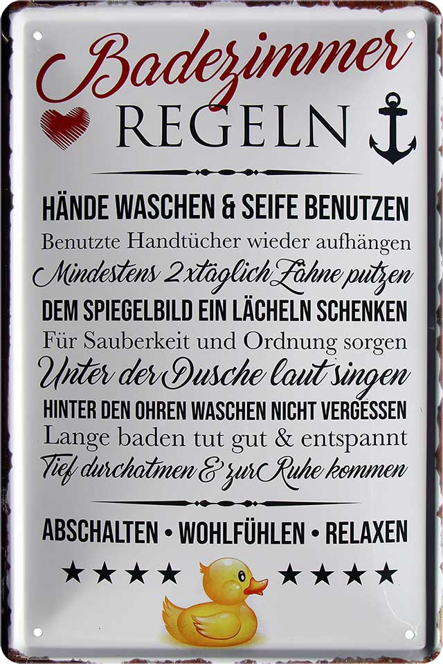 4252024218343 Schilderstore24 	Schilderstore24 Blechschilder sind perfekt als Geschenk zu Weihnachten, Geburtstage, Feiern, Partys, Grillabende, Namenstag, Feiertag, Mädelsabend, Hochzeit. Jederzeit stilvoll im Wohnzimmer, Partykeller, Garage, Praxis, Büro, Café, Hauseingang Zuhause WC Open Closed Badezimmer toilette scheißhaus putzen haushalt heim ''Badezimmer Regeln. Hände Waschen&Seife benutzen''		20x30cm