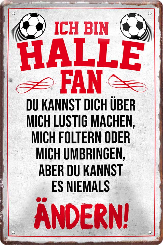 4252024216516 Schilderstore24 	Schilderstore24 Blechschilder sind perfekt als Geschenk zu Weihnachten, Geburtstage, Feiern, Partys, Grillabende, Namenstag, Feiertag, Mädelsabend, Hochzeit. Jederzeit stilvoll im Wohnzimmer, Partykeller, Garage, Praxis, Büro, Café, Hauseingang Fußball Mannschaft Verein Bolzen Ball sport liga kicken stadion freizeit ''Halle Fan ´20''		20x30cm