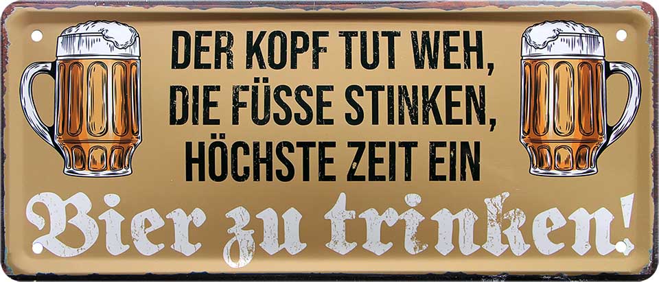 4252024222821 Schilderstore24 Schilderstore24 Blechschilder sind perfekt als Geschenk zu Weihnachten, Geburtstage, Feiern, Partys, Grillabende, Namenstag, Feiertag, Mädelsabend, Hochzeit. Jederzeit stilvoll im Wohnzimmer, Partykeller, Garage, Praxis, Büro, Café, Hauseingang Alkohol Kasten Bier Saufen Getränk Bier Alkohol schaumkrone promille hopfen ''Der Kopf tut weh, Füsse stinken.. Bier zu trinken'' 28x12cm