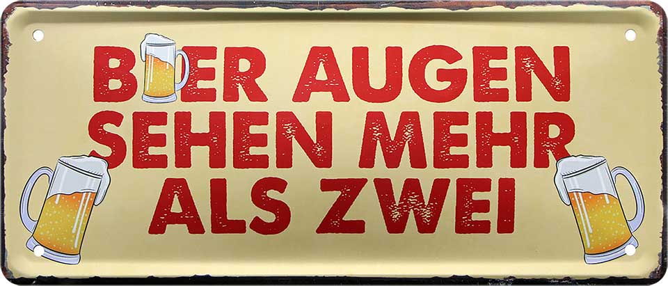 4252024222685 Schilderstore24 Schilderstore24 Blechschilder sind perfekt als Geschenk zu Weihnachten, Geburtstage, Feiern, Partys, Grillabende, Namenstag, Feiertag, Mädelsabend, Hochzeit. Jederzeit stilvoll im Wohnzimmer, Partykeller, Garage, Praxis, Büro, Café, Hauseingang Alkohol Kasten Bier Saufen Getränk Bier Alkohol schaumkrone promille hopfen	 ''Bier Augen sehen mehr als zwei''		28x12cm