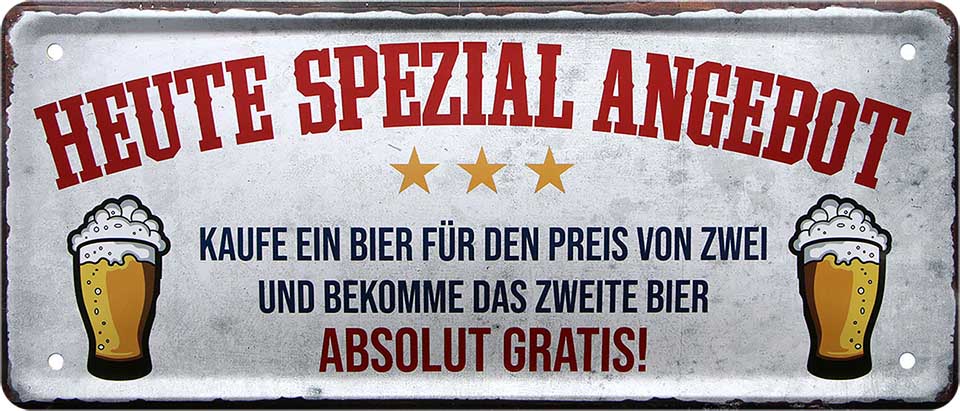 4252024222890 Schilderstore24 Schilderstore24 Blechschilder sind perfekt als Geschenk zu Weihnachten, Geburtstage, Feiern, Partys, Grillabende, Namenstag, Feiertag, Mädelsabend, Hochzeit. Jederzeit stilvoll im Wohnzimmer, Partykeller, Garage, Praxis, Büro, Café, Hauseingang Alkohol Kasten Bier Saufen Getränk Bier Alkohol schaumkrone promille hopfen	 ''Heute spezial Angebot. Ein Bier für den Preis von zwei''		28x12cm