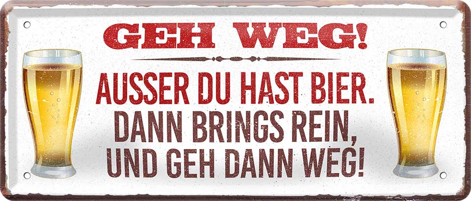 4252024222876 Schilderstore24 	Schilderstore24 Blechschilder sind perfekt als Geschenk zu Weihnachten, Geburtstage, Feiern, Partys, Grillabende, Namenstag, Feiertag, Mädelsabend, Hochzeit. Jederzeit stilvoll im Wohnzimmer, Partykeller, Garage, Praxis, Büro, Café, Hauseingang Alkohol Kasten Bier Saufen Getränk Bier Alkohol schaumkrone promille hopfen ''Geh weg. Ausser du hast Bier''		28x12cm