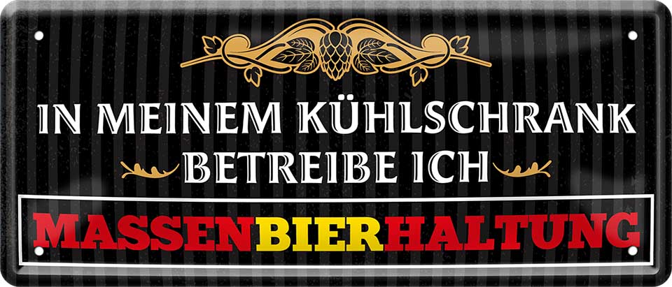 4252024222937 Schilderstore24 	Schilderstore24 Blechschilder sind perfekt als Geschenk zu Weihnachten, Geburtstage, Feiern, Partys, Grillabende, Namenstag, Feiertag, Mädelsabend, Hochzeit. Jederzeit stilvoll im Wohnzimmer, Partykeller, Garage, Praxis, Büro, Café, Hauseingang Alkohol Kasten Bier Saufen Getränk Bier Alkohol schaumkrone promille hopfen ''In meinem Kühlschrank betreibe ich Massenbierhaltung''		28x12cm