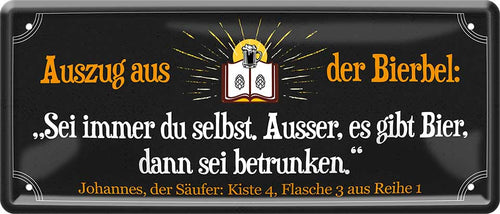 4252024222647 Schilderstore24 	Schilderstore24 Blechschilder sind perfekt als Geschenk zu Weihnachten, Geburtstage, Feiern, Partys, Grillabende, Namenstag, Feiertag, Mädelsabend, Hochzeit. Jederzeit stilvoll im Wohnzimmer, Partykeller, Garage, Praxis, Büro, Café, Hauseingang Alkohol Kasten Bier Saufen Getränk Bier Alkohol schaumkrone promille hopfen ''Auszug aus der Bibel. es gibt Bier, dann sei betrunken''		28x12cm