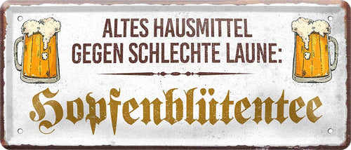 4252024222623 Schilderstore24 Schilderstore24 Blechschilder sind perfekt als Geschenk zu Weihnachten, Geburtstage, Feiern, Partys, Grillabende, Namenstag, Feiertag, Mädelsabend, Hochzeit. Jederzeit stilvoll im Wohnzimmer, Partykeller, Garage, Praxis, Büro, Café, Hauseingang Alkohol Kasten Bier Saufen Getränk Bier Alkohol schaumkrone promille hopfen	 ''Altes Hausmittel gegen schlechte Laune. Hopfenblütentee''		28x12cm