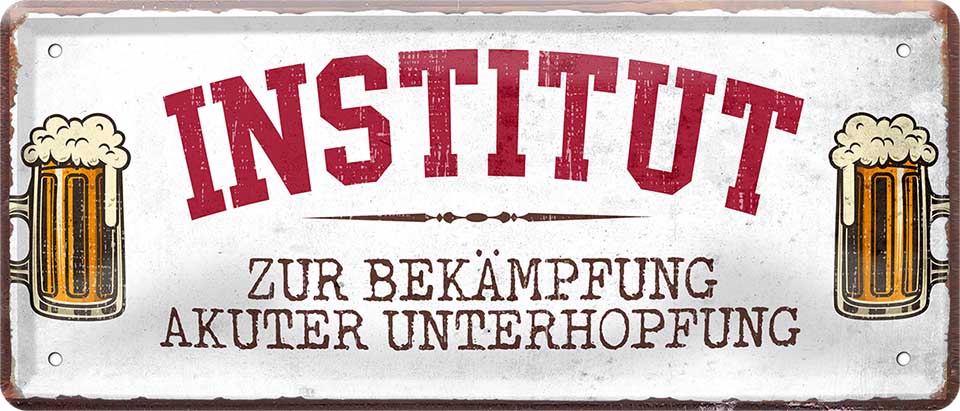 4252024222944 Schilderstore24 	 ''Institut zur Bekämpfung akuter Unterhopfung (grau 2 Bier)''		28x12cm Schilderstore24 Blechschilder sind perfekt als Geschenk zu Weihnachten, Geburtstage, Feiern, Partys, Grillabende, Namenstag, Feiertag, Mädelsabend, Hochzeit. Jederzeit stilvoll im Wohnzimmer, Partykeller, Garage, Praxis, Büro, Café, Hauseingang Alkohol Kasten Bier Saufen Getränk Bier Alkohol schaumkrone promille hopfen
