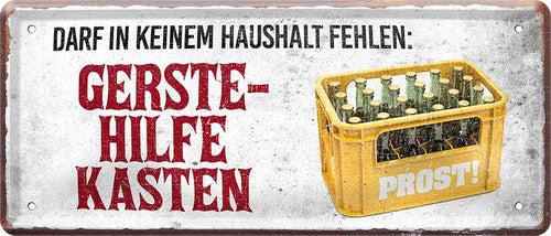 4252024222777 Schilderstore24 	Schilderstore24 Blechschilder sind perfekt als Geschenk zu Weihnachten, Geburtstage, Feiern, Partys, Grillabende, Namenstag, Feiertag, Mädelsabend, Hochzeit. Jederzeit stilvoll im Wohnzimmer, Partykeller, Garage, Praxis, Büro, Café, Hauseingang Alkohol Kasten Bier Saufen Getränk Bier Alkohol schaumkrone promille hopfen ''Darf in keinem Haushalt fehlen Gerstehilfekasten (weiß, gelber Kasten)''		28x12cm