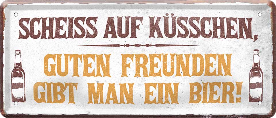 4252024223071 Schilderstore24 	Schilderstore24 Blechschilder sind perfekt als Geschenk zu Weihnachten, Geburtstage, Feiern, Partys, Grillabende, Namenstag, Feiertag, Mädelsabend, Hochzeit. Jederzeit stilvoll im Wohnzimmer, Partykeller, Garage, Praxis, Büro, Café, Hauseingang Alkohol Kasten Bier Saufen Getränk Bier Alkohol schaumkrone promille hopfen ''Scheiss auf Küsschen, guten Freunden gibt man ein Bier''		28x12cm
