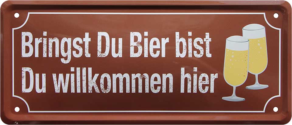 4252024222760 Schilderstore24 	Schilderstore24 Blechschilder sind perfekt als Geschenk zu Weihnachten, Geburtstage, Feiern, Partys, Grillabende, Namenstag, Feiertag, Mädelsabend, Hochzeit. Jederzeit stilvoll im Wohnzimmer, Partykeller, Garage, Praxis, Büro, Café, Hauseingang Alkohol Kasten Bier Saufen Getränk Bier Alkohol schaumkrone promille hopfen ''Bringst Du Bier bist Du willkommen hier''		28x12cm