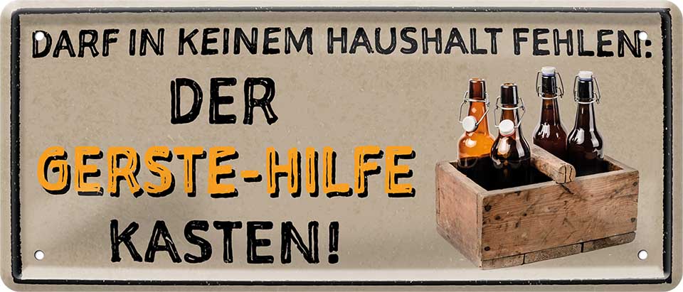 4252024222784 Schilderstore24 Schilderstore24 Blechschilder sind perfekt als Geschenk zu Weihnachten, Geburtstage, Feiern, Partys, Grillabende, Namenstag, Feiertag, Mädelsabend, Hochzeit. Jederzeit stilvoll im Wohnzimmer, Partykeller, Garage, Praxis, Büro, Café, Hauseingang Alkohol Kasten Bier Saufen Getränk Bier Alkohol schaumkrone promille hopfen	 ''Darf in keinem Haushalt fehlen. Der Gerste-Hilfe Kasten (braun, Holzkasten)''		28x12cm