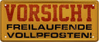 4252024226461 Schilderstore24 Schilderstore24 Blechschilder sind perfekt als Geschenk zu Weihnachten, Geburtstage, Feiern, Partys, Grillabende, Namenstag, Feiertag, Mädelsabend, Hochzeit. Jederzeit stilvoll im Wohnzimmer, Partykeller, Garage, Praxis, Büro, Café, Hauseingang Sarkasmus Ironie Funny Schwarzer Humor faul dumm fun rente lästern teufel	 ''Vorsicht freilaufende Vollpfosten''		28x12cm
