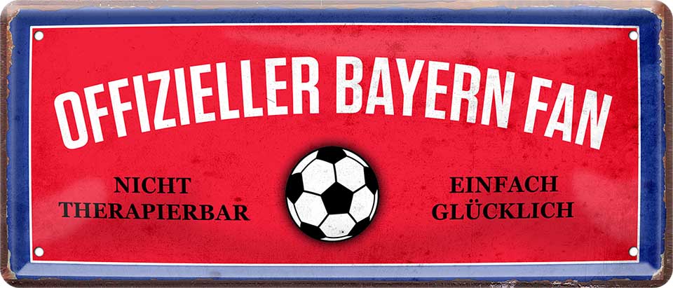 4252024227352 Schilderstore24 	Schilderstore24 Blechschilder sind perfekt als Geschenk zu Weihnachten, Geburtstage, Feiern, Partys, Grillabende, Namenstag, Feiertag, Mädelsabend, Hochzeit. Jederzeit stilvoll im Wohnzimmer, Partykeller, Garage, Praxis, Büro, Café, Hauseingang Fußball Mannschaft Verein Bolzen Ball sport liga kicken stadion freizeit ''Offizieller Bayern Fan''		28x12cm