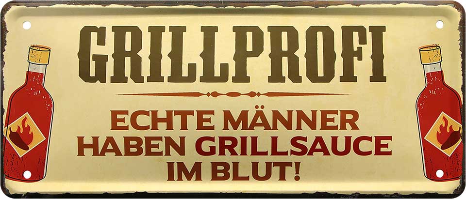 4252024223569 Schilderstore24 	Schilderstore24 Blechschilder sind perfekt als Geschenk zu Weihnachten, Geburtstage, Feiern, Partys, Grillabende, Namenstag, Feiertag, Mädelsabend, Hochzeit. Jederzeit stilvoll im Wohnzimmer, Partykeller, Garage, Praxis, Büro, Café, Hauseingang Lebensmittel Kaffee Kuchen Tee Grill crepes teigware süßigkeit essen grill wurst ''Grillprofi. Echte Männer haben Grillsauce im Blut''		28x12cm