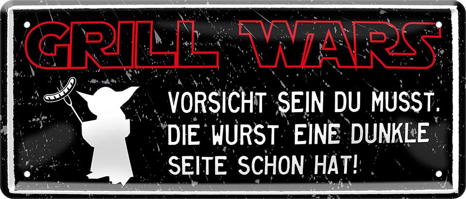 4252024223538 Schilderstore24 	Schilderstore24 Blechschilder sind perfekt als Geschenk zu Weihnachten, Geburtstage, Feiern, Partys, Grillabende, Namenstag, Feiertag, Mädelsabend, Hochzeit. Jederzeit stilvoll im Wohnzimmer, Partykeller, Garage, Praxis, Büro, Café, Hauseingang Lebensmittel Kaffee Kuchen Tee Grill crepes teigware süßigkeit essen grill wurst ''Grill Wars. Vorsicht sein du musst Wurst eine dunkle Seite schon hat''		28x12cm