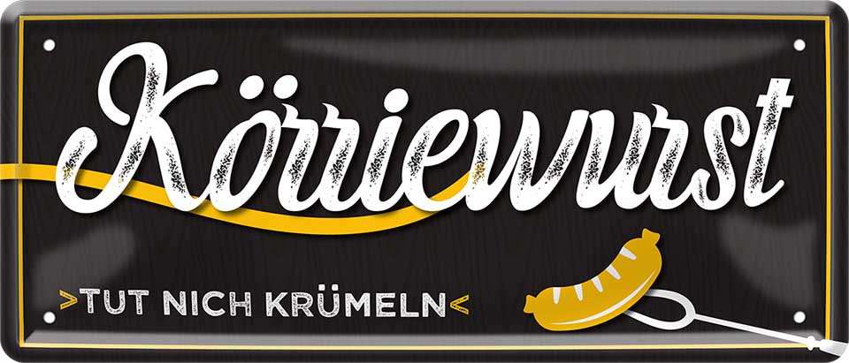 4252024223590 Schilderstore24 	Schilderstore24 Blechschilder sind perfekt als Geschenk zu Weihnachten, Geburtstage, Feiern, Partys, Grillabende, Namenstag, Feiertag, Mädelsabend, Hochzeit. Jederzeit stilvoll im Wohnzimmer, Partykeller, Garage, Praxis, Büro, Café, Hauseingang Lebensmittel Kaffee Kuchen Tee Grill crepes teigware süßigkeit essen grill wurst ''Körriewurst tut nich krümmeln''		28x12cm