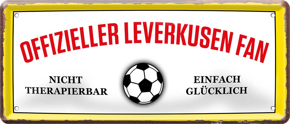 4252024227536 Schilderstore24 	Schilderstore24 Blechschilder sind perfekt als Geschenk zu Weihnachten, Geburtstage, Feiern, Partys, Grillabende, Namenstag, Feiertag, Mädelsabend, Hochzeit. Jederzeit stilvoll im Wohnzimmer, Partykeller, Garage, Praxis, Büro, Café, Hauseingang Fußball Mannschaft Verein Bolzen Ball sport liga kicken stadion freizeit ''Offizieller Leverkusen Fan''		28x12cm