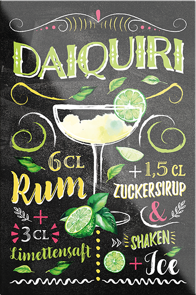 4252024229301	Schilderstore24	 ''Daiquiri''Schilderstore24 Blechschilder sind perfekt als Geschenk zu Weihnachten, Geburtstage, Feiern, Partys, Grillabende, Namenstag, Feiertag, Mädelsabend, Hochzeit. Jederzeit stilvoll im Wohnzimmer, Partykeller, Garage, Praxis, Büro, Café, Hauseingang Alkohol Cocktail Likör Sekt Getränk Alkohol promille schnaps saufen cocktails