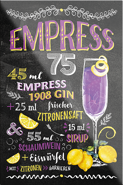 4252024229332	Schilderstore24	 ''Empress 75''Schilderstore24 Blechschilder sind perfekt als Geschenk zu Weihnachten, Geburtstage, Feiern, Partys, Grillabende, Namenstag, Feiertag, Mädelsabend, Hochzeit. Jederzeit stilvoll im Wohnzimmer, Partykeller, Garage, Praxis, Büro, Café, Hauseingang Alkohol Cocktail Likör Sekt Getränk Alkohol promille schnaps saufen cocktails