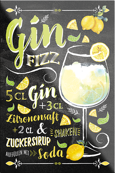 4252024229356	Schilderstore24	 ''Gin Fizz''Schilderstore24 Blechschilder sind perfekt als Geschenk zu Weihnachten, Geburtstage, Feiern, Partys, Grillabende, Namenstag, Feiertag, Mädelsabend, Hochzeit. Jederzeit stilvoll im Wohnzimmer, Partykeller, Garage, Praxis, Büro, Café, Hauseingang Alkohol Cocktail Likör Sekt Getränk Alkohol promille schnaps saufen cocktails