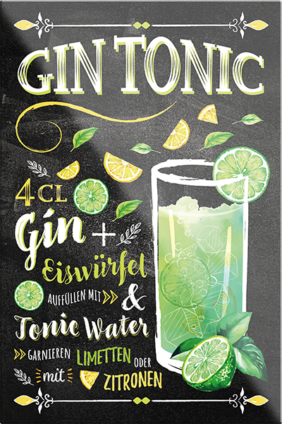 4252024229363	Schilderstore24	 ''Gin Tonic''Schilderstore24 Blechschilder sind perfekt als Geschenk zu Weihnachten, Geburtstage, Feiern, Partys, Grillabende, Namenstag, Feiertag, Mädelsabend, Hochzeit. Jederzeit stilvoll im Wohnzimmer, Partykeller, Garage, Praxis, Büro, Café, Hauseingang Alkohol Cocktail Likör Sekt Getränk Alkohol promille schnaps saufen cocktails