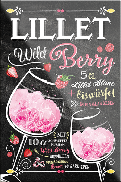 4252024229417	Schilderstore24	 ''Lillet Wild Berry''Schilderstore24 Blechschilder sind perfekt als Geschenk zu Weihnachten, Geburtstage, Feiern, Partys, Grillabende, Namenstag, Feiertag, Mädelsabend, Hochzeit. Jederzeit stilvoll im Wohnzimmer, Partykeller, Garage, Praxis, Büro, Café, Hauseingang Alkohol Cocktail Likör Sekt Getränk Alkohol promille schnaps saufen cocktails