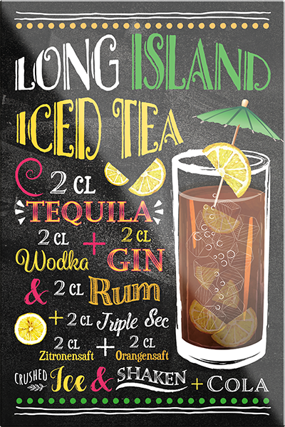 4252024229424	Schilderstore24	 ''Long Island Iced Tea''Schilderstore24 Blechschilder sind perfekt als Geschenk zu Weihnachten, Geburtstage, Feiern, Partys, Grillabende, Namenstag, Feiertag, Mädelsabend, Hochzeit. Jederzeit stilvoll im Wohnzimmer, Partykeller, Garage, Praxis, Büro, Café, Hauseingang Alkohol Cocktail Likör Sekt Getränk Alkohol promille schnaps saufen cocktails