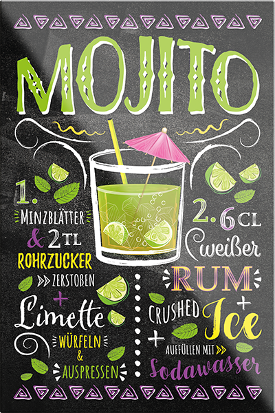 4252024229509	Schilderstore24	 ''Mojito''Schilderstore24 Blechschilder sind perfekt als Geschenk zu Weihnachten, Geburtstage, Feiern, Partys, Grillabende, Namenstag, Feiertag, Mädelsabend, Hochzeit. Jederzeit stilvoll im Wohnzimmer, Partykeller, Garage, Praxis, Büro, Café, Hauseingang Alkohol Cocktail Likör Sekt Getränk Alkohol promille schnaps saufen cocktails