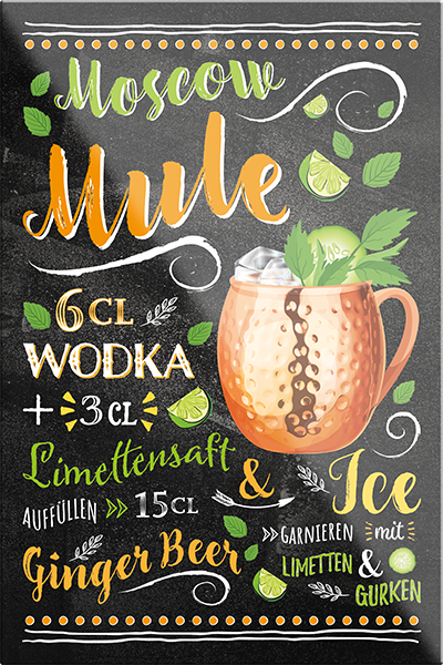 4252024229516	Schilderstore24	 ''Moscow Mule''Schilderstore24 Blechschilder sind perfekt als Geschenk zu Weihnachten, Geburtstage, Feiern, Partys, Grillabende, Namenstag, Feiertag, Mädelsabend, Hochzeit. Jederzeit stilvoll im Wohnzimmer, Partykeller, Garage, Praxis, Büro, Café, Hauseingang Alkohol Cocktail Likör Sekt Getränk Alkohol promille schnaps saufen cocktails