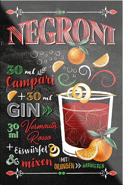 4252024229523	Schilderstore24	 ''Negroni''Schilderstore24 Blechschilder sind perfekt als Geschenk zu Weihnachten, Geburtstage, Feiern, Partys, Grillabende, Namenstag, Feiertag, Mädelsabend, Hochzeit. Jederzeit stilvoll im Wohnzimmer, Partykeller, Garage, Praxis, Büro, Café, Hauseingang Alkohol Cocktail Likör Sekt Getränk Alkohol promille schnaps saufen cocktails