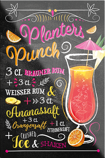 4252024229578	Schilderstore24	 ''Planters Punch''Schilderstore24 Blechschilder sind perfekt als Geschenk zu Weihnachten, Geburtstage, Feiern, Partys, Grillabende, Namenstag, Feiertag, Mädelsabend, Hochzeit. Jederzeit stilvoll im Wohnzimmer, Partykeller, Garage, Praxis, Büro, Café, Hauseingang Alkohol Cocktail Likör Sekt Getränk Alkohol promille schnaps saufen cocktails