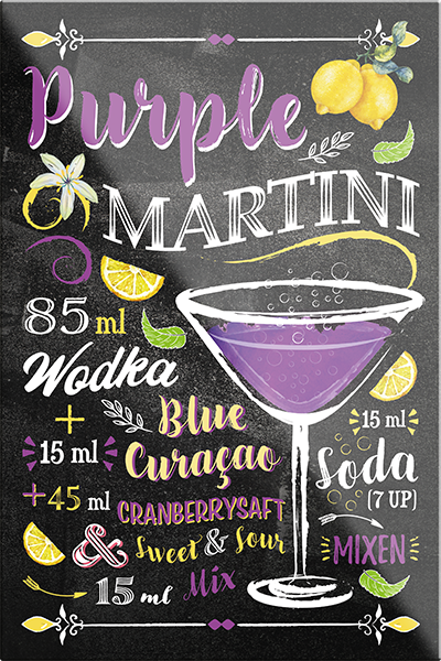 4252024229585	Schilderstore24	 ''Purple Martini''Schilderstore24 Blechschilder sind perfekt als Geschenk zu Weihnachten, Geburtstage, Feiern, Partys, Grillabende, Namenstag, Feiertag, Mädelsabend, Hochzeit. Jederzeit stilvoll im Wohnzimmer, Partykeller, Garage, Praxis, Büro, Café, Hauseingang Alkohol Cocktail Likör Sekt Getränk Alkohol promille schnaps saufen cocktails