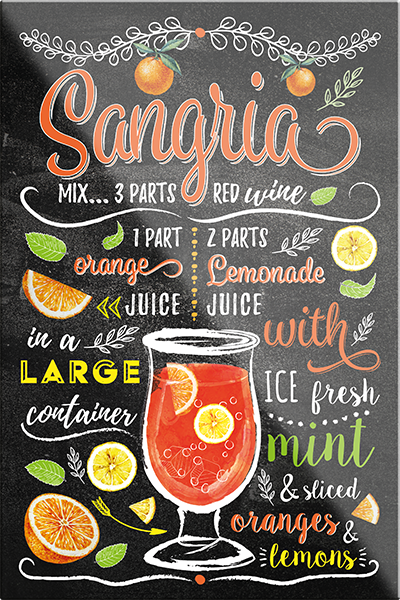 4252024229615	Schilderstore24	 ''Sangria''Schilderstore24 Blechschilder sind perfekt als Geschenk zu Weihnachten, Geburtstage, Feiern, Partys, Grillabende, Namenstag, Feiertag, Mädelsabend, Hochzeit. Jederzeit stilvoll im Wohnzimmer, Partykeller, Garage, Praxis, Büro, Café, Hauseingang Alkohol Cocktail Likör Sekt Getränk Alkohol promille schnaps saufen cocktails