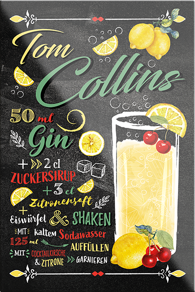 4252024229677	Schilderstore24	 ''Tom Collins''Schilderstore24 Blechschilder sind perfekt als Geschenk zu Weihnachten, Geburtstage, Feiern, Partys, Grillabende, Namenstag, Feiertag, Mädelsabend, Hochzeit. Jederzeit stilvoll im Wohnzimmer, Partykeller, Garage, Praxis, Büro, Café, Hauseingang Alkohol Cocktail Likör Sekt Getränk Alkohol promille schnaps saufen cocktails