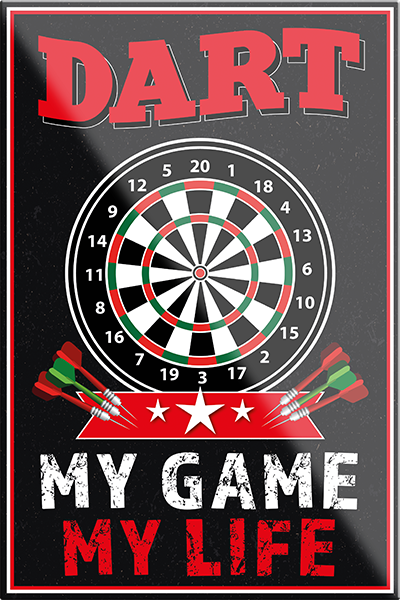 4252024229745	Schilderstore24	 ''Dart my game my life''Schilderstore24 Blechschilder sind perfekt als Geschenk zu Weihnachten, Geburtstage, Feiern, Partys, Grillabende, Namenstag, Feiertag, Mädelsabend, Hochzeit. Jederzeit stilvoll im Wohnzimmer, Partykeller, Garage, Praxis, Büro, Café, Hauseingang Dart Kneipe Hobby Dartscheibe Pfeil dartgame Pfeil dartgame freizeit sport aktivitäten