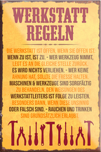 4252024231250	Schilderstore24	 ''Werkstatt Regeln''Schilderstore24 Blechschilder sind perfekt als Geschenk zu Weihnachten, Geburtstage, Feiern, Partys, Grillabende, Namenstag, Feiertag, Mädelsabend, Hochzeit. Jederzeit stilvoll im Wohnzimmer, Partykeller, Garage, Praxis, Büro, Café, Hauseingang Mechaniker Auto Motorrad Werkstatt auto werkstatt tüfteln schrauber