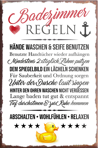 4252024231151	Schilderstore24	 ''Badezimmer Regeln''Schilderstore24 Blechschilder sind perfekt als Geschenk zu Weihnachten, Geburtstage, Feiern, Partys, Grillabende, Namenstag, Feiertag, Mädelsabend, Hochzeit. Jederzeit stilvoll im Wohnzimmer, Partykeller, Garage, Praxis, Büro, Café, Hauseingang Zuhause WC Open Closed Badezimmer toilette scheißhaus putzen haushalt heim