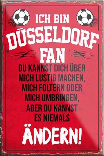 4252024230291	Schilderstore24	 ''Düsseldorf Fan (weiße schrift)''Schilderstore24 Blechschilder sind perfekt als Geschenk zu Weihnachten, Geburtstage, Feiern, Partys, Grillabende, Namenstag, Feiertag, Mädelsabend, Hochzeit. Jederzeit stilvoll im Wohnzimmer, Partykeller, Garage, Praxis, Büro, Café, Hauseingang Fußball Mannschaft Verein Bolzen Ball sport liga kicken stadion freizeit